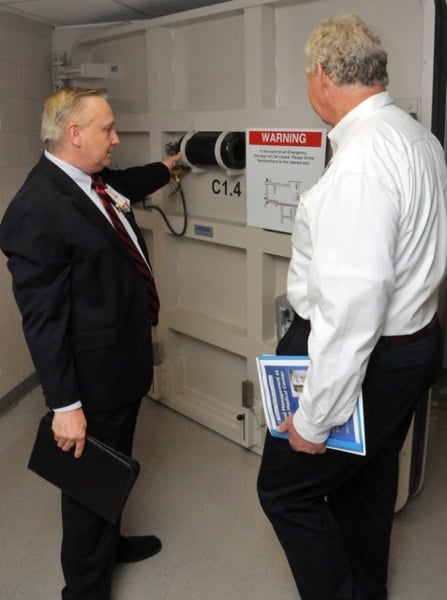 Bert Gumeringer, Dir. of Facilities / Operations and Security at Texas Children's Hospital, show's FEMA Dep. Administrator Rich Serino the operations of a Presray FB77 